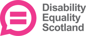 Disability Equality Scotland log with a pink speech bubble