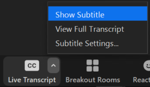 Screenshot which highlights how to activate live transcript. If you are in the meeting, you can enable live captioning by clicking on the box called ‘CC: Live Transcript’, and clicking ‘Show Subtitle’. You can disable this at any time.