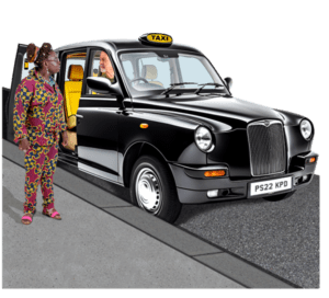 Black taxi cab with door open, person standing on kerb speaking to driver